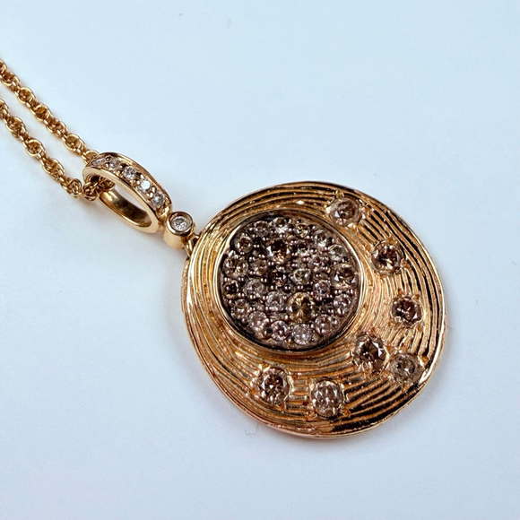 14K Solid Yellow Gold Midas 38 Real Diamond Pave Disc Pendant Necklace Turkey - Picture 4 of 11